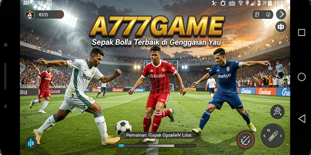 Screenshot A777GAME menampilkan pemain sepak bola dalam aksi di lapangan.