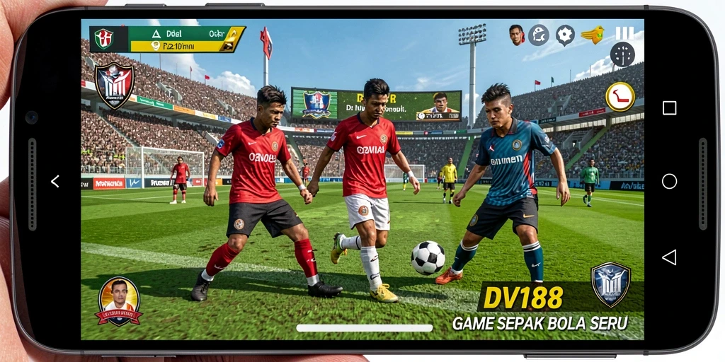 Screenshot utama gameplay DV188 dengan aksi sepak bola yang seru.