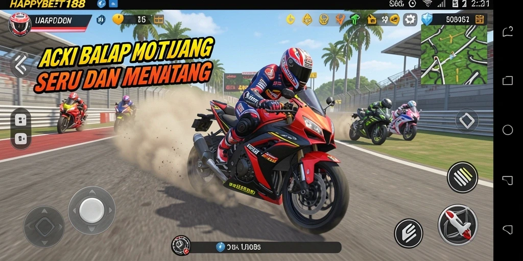 Screenshot menunjukkan balapan motor yang mendebarkan di lintasan menantang.