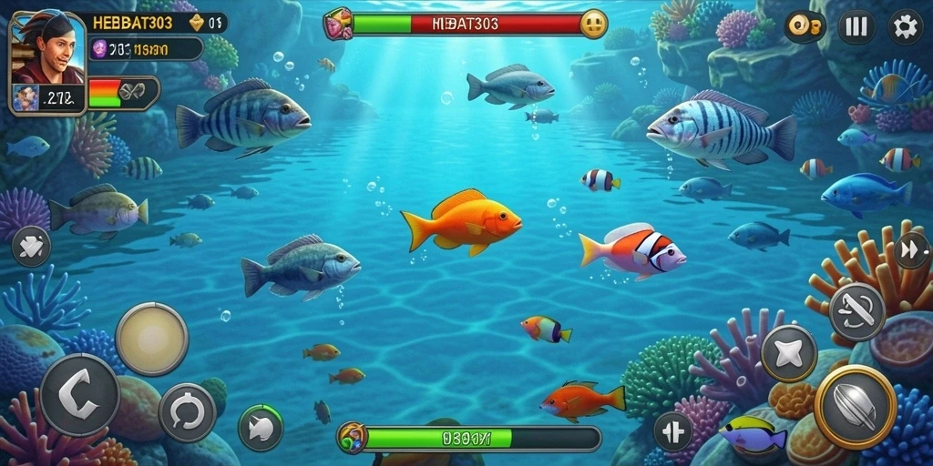 Menampilkan gameplay seru dalam HEBAT303 dengan berbagai ikan menarik.