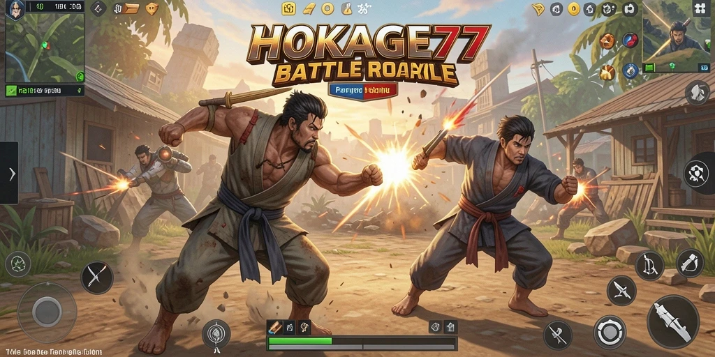 Screenshot utama HOKAGE77 menampilkan aksi seru di medan perang Battle Royale.
