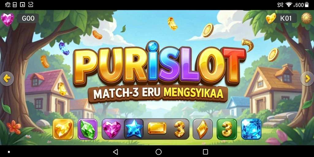 Screenshot PURISLOT menampilkan aksi seru gameplay Match-3.