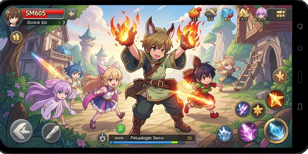 Tampilan seru dari gameplay SM605 dengan karakter anime ikonik.