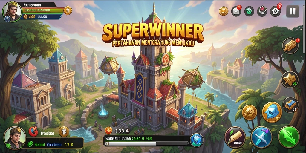 Screenshot SUPERWINNER menampilkan gameplay Tower Defense yang menegangkan.