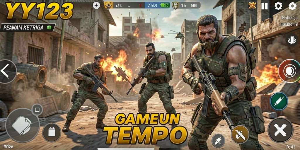 Screenshot gameplay YY123 menampilkan aksi pertempuran yang mendebarkan.